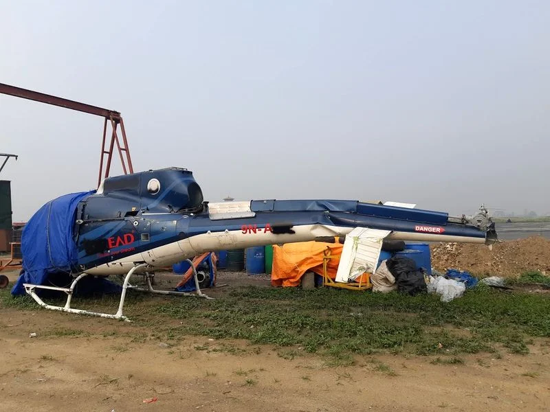 Damaged helicopter in Kathmandu, Tribhuvan Airport, Nepal