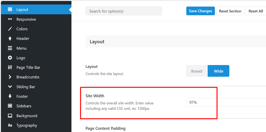 Set site width in percentages for a fluid layout in Avada